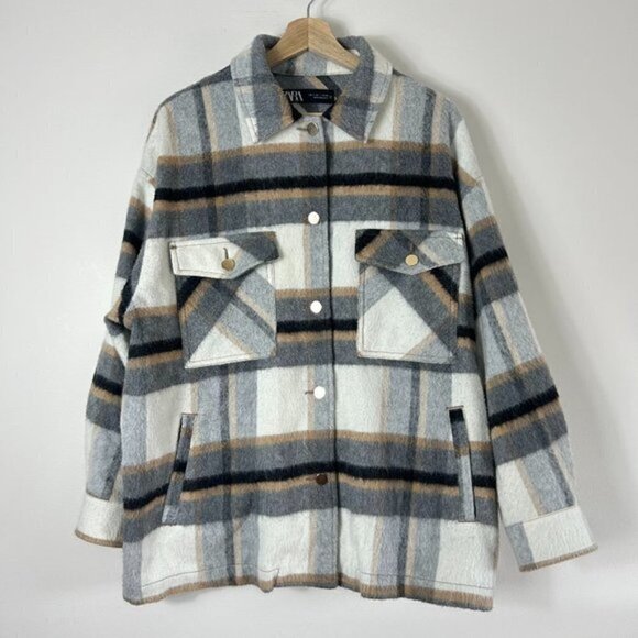 ZARA Beige Plaid Button Down Shacket L - Picture 4 of 7